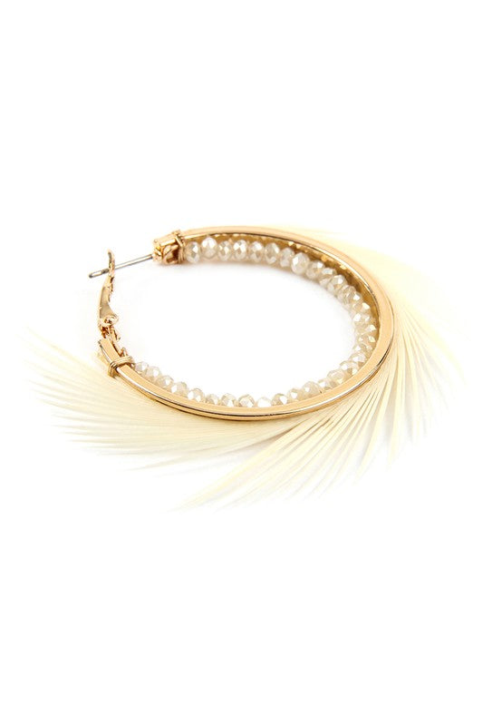 Cream Beaded Feather Hook Earrings