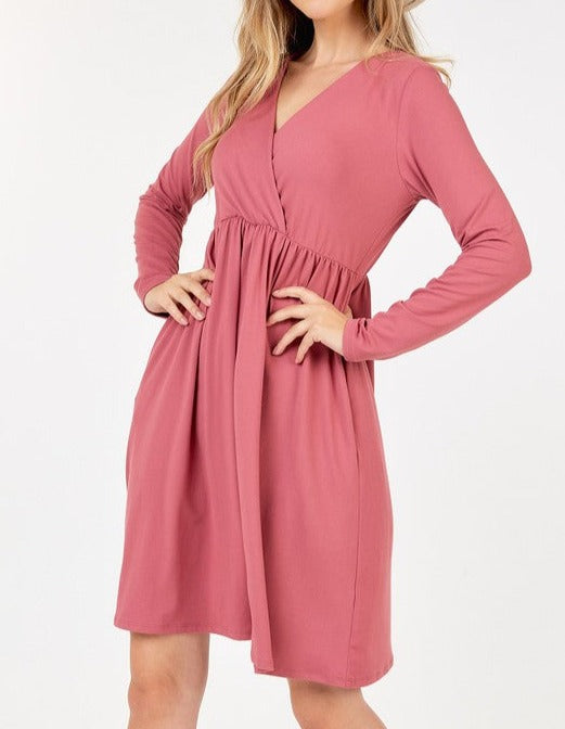 Long Sleeve V-Neck Dress Mauve