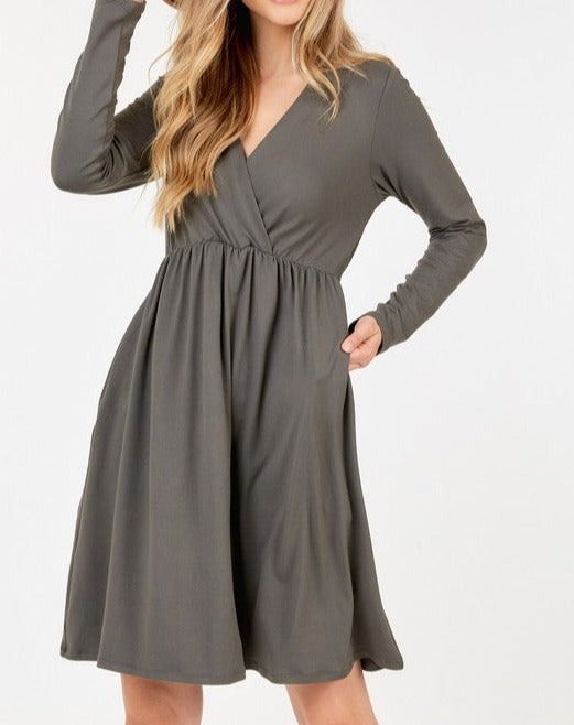 Long Sleeve V-Neck Dress Olive