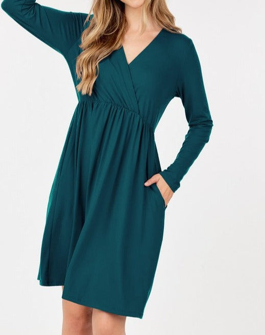 Long Sleeve V-Neck Dress Teal