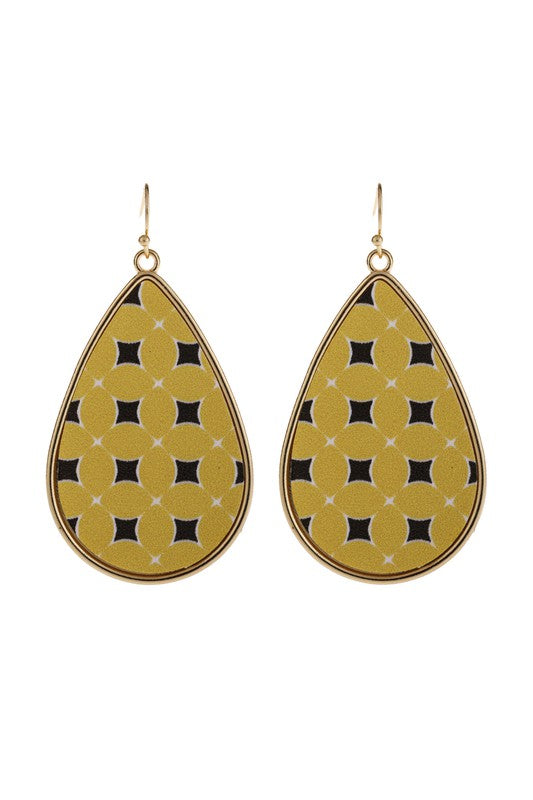 Yellow Pattern Print Faux Leather Drop Earrings