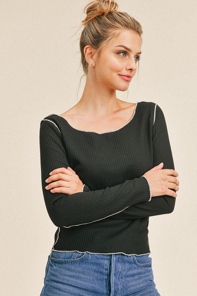 Black Long Sleeve Contrast White Stitching