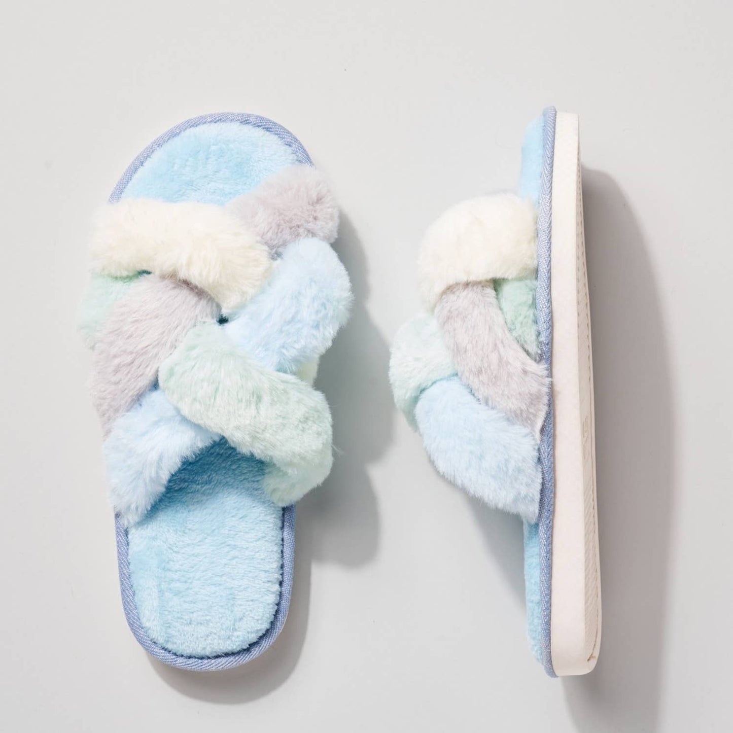 Criss Cross Faux Fur Slippers Blue