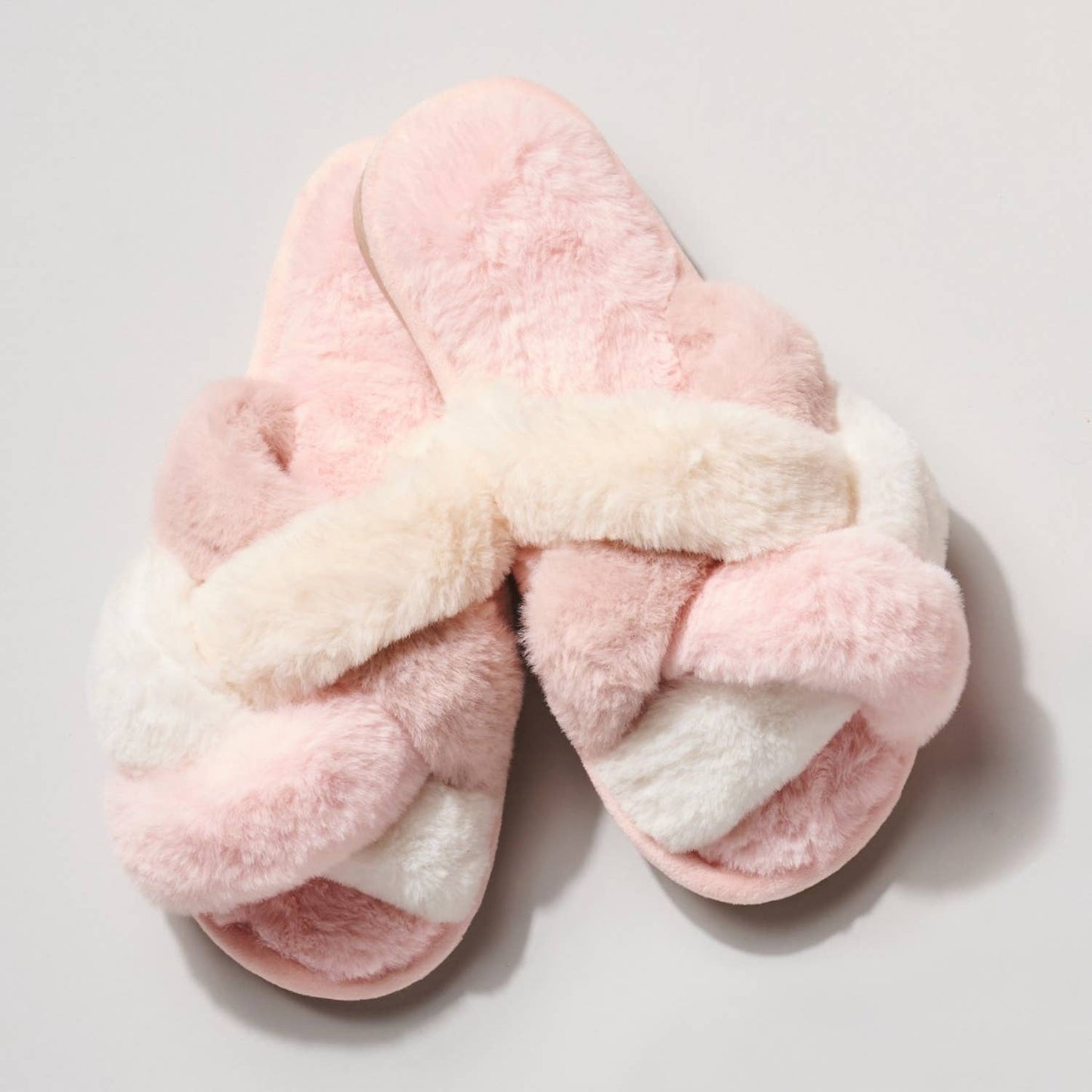 Criss Cross Faux Fur Slippers Pink