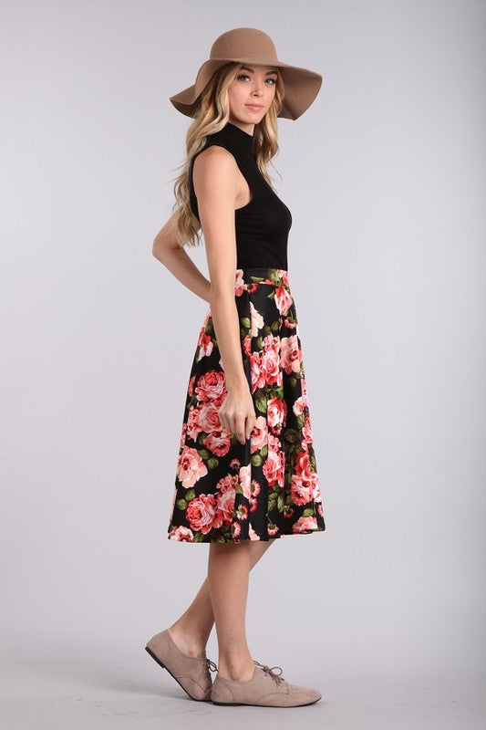Floral Print A Line Skirt Black/Coral