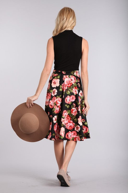 Floral Print A Line Skirt Black/Coral