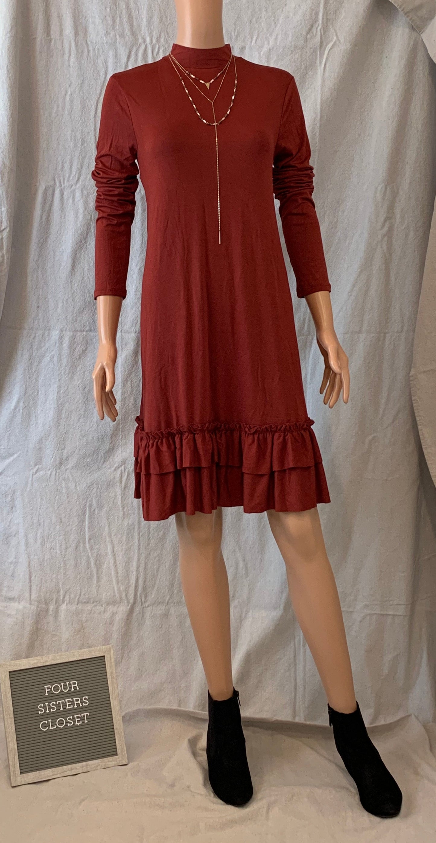 Dark orange ruffle hem knee length long sleeve