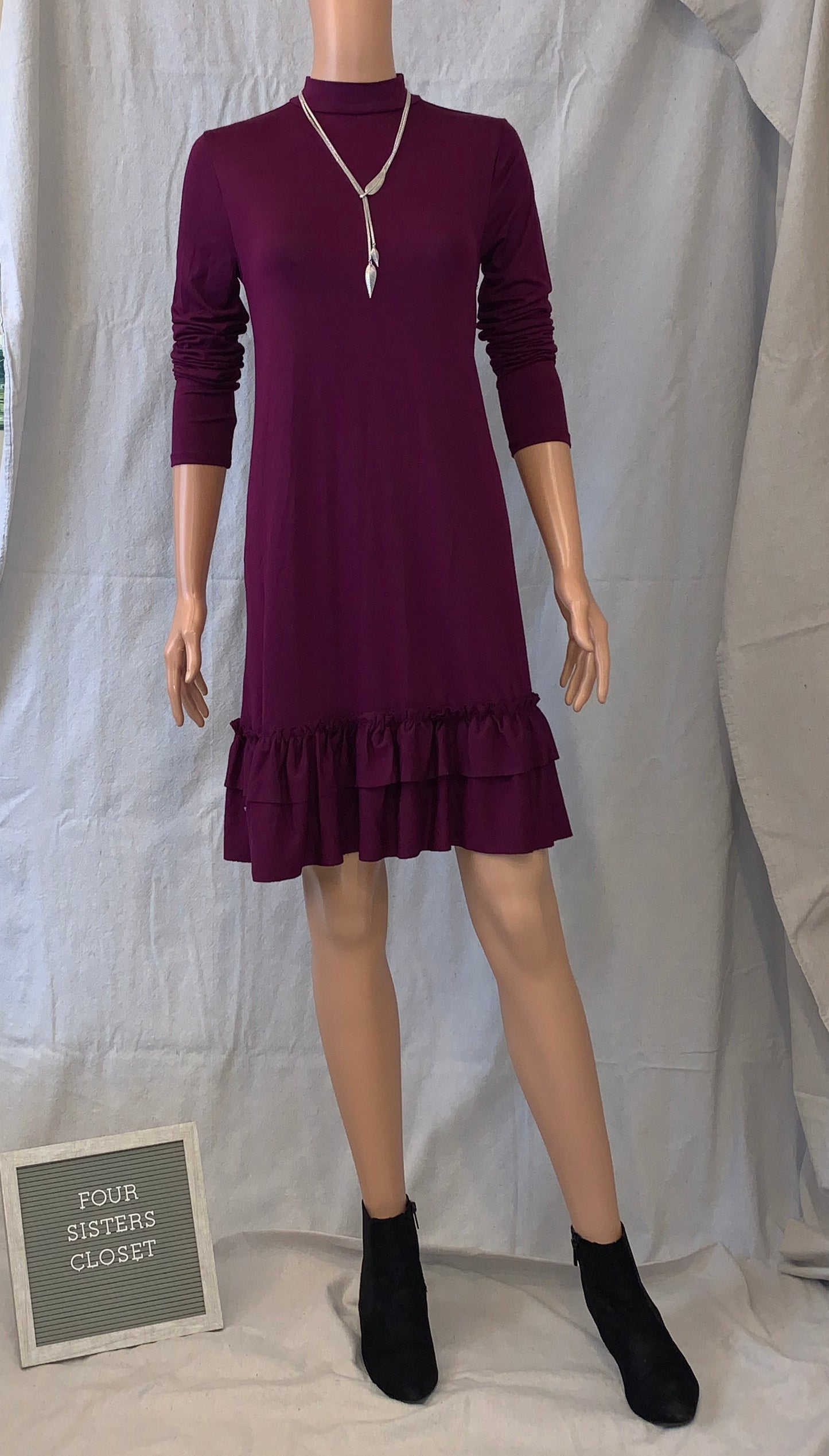 Plum ruffle hem knee length long sleeve