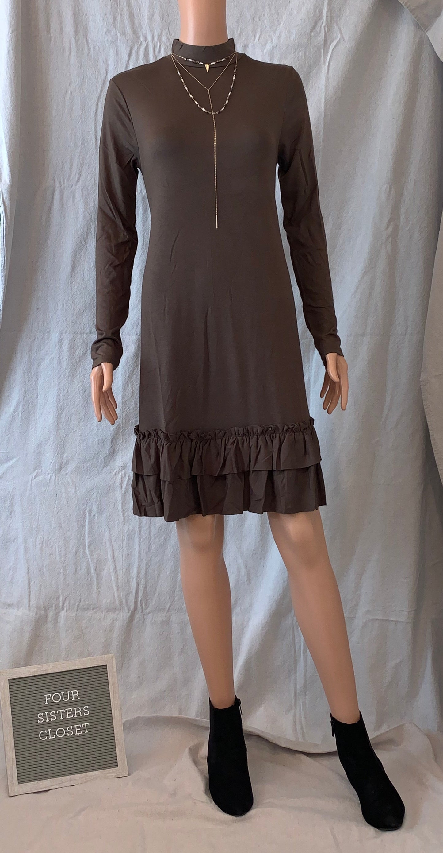 Olive ruffle hem knee length long sleeve
