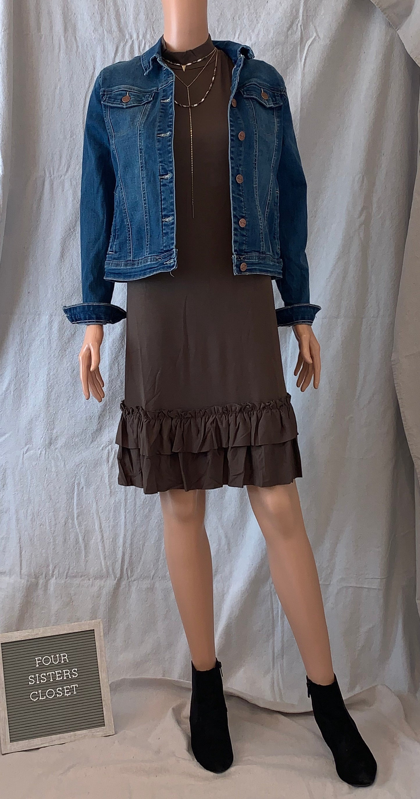 Olive ruffle hem knee length long sleeve