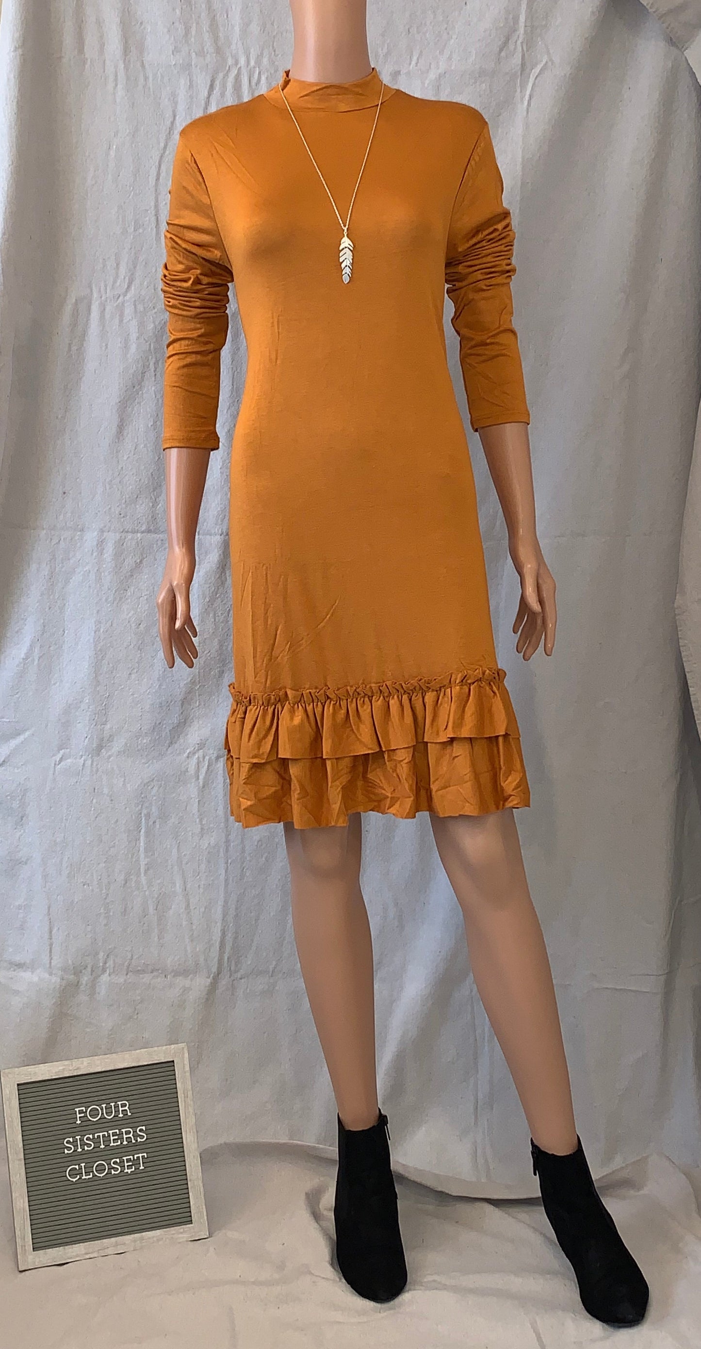 Mustard yellow ruffle hem knee length long sleeve