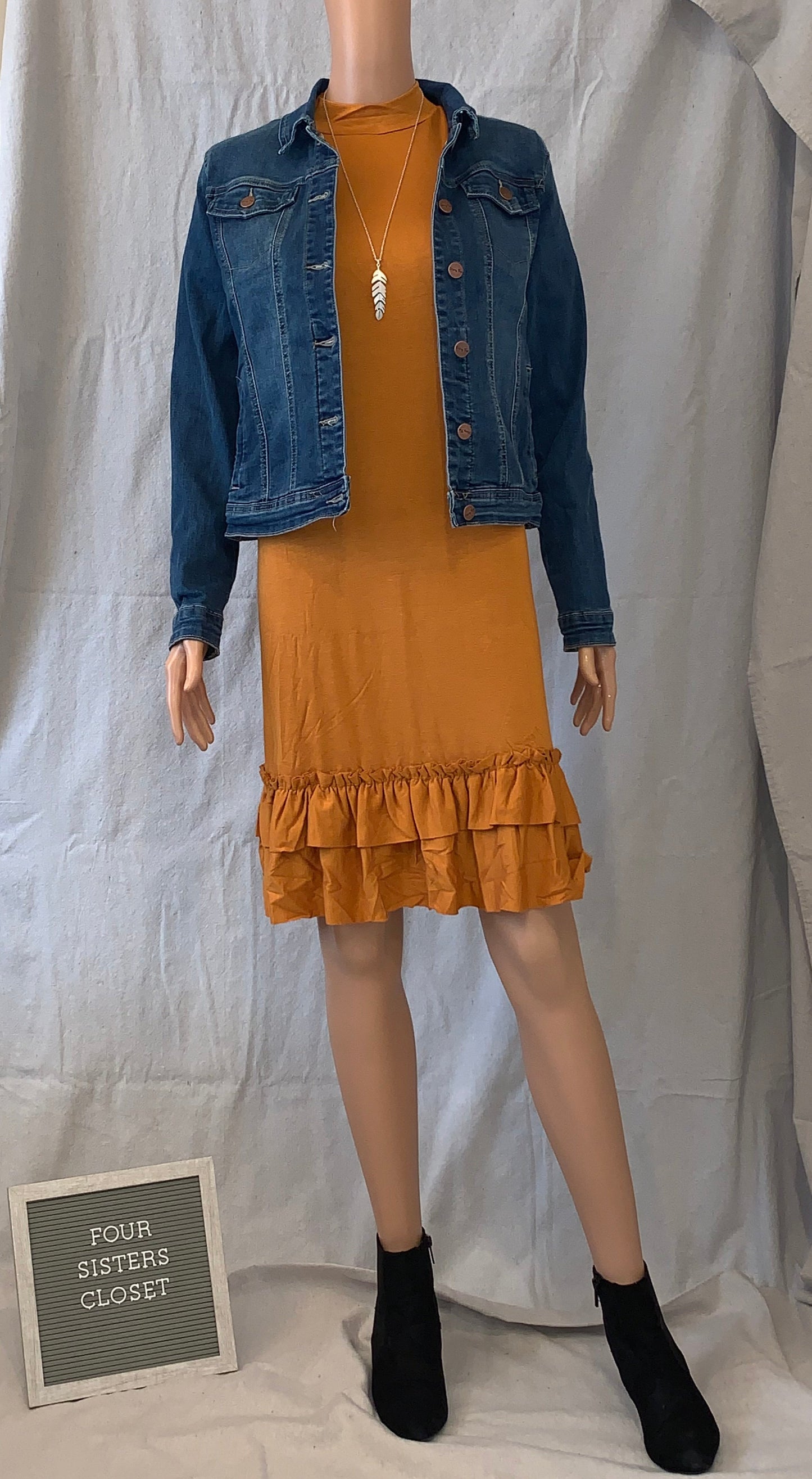 Mustard yellow ruffle hem knee length long sleeve