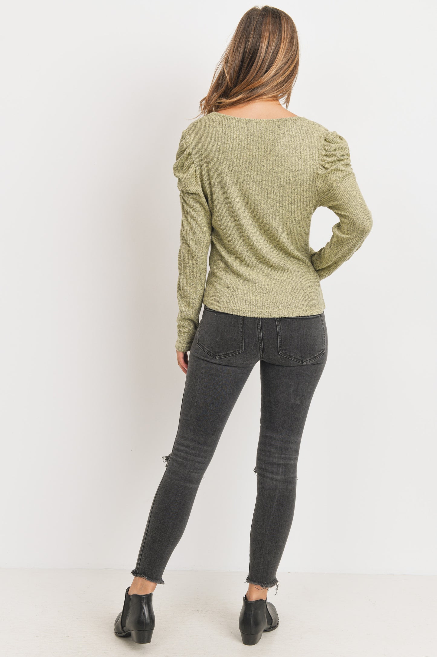 Olive Long Sleeve Ruched Shoulder