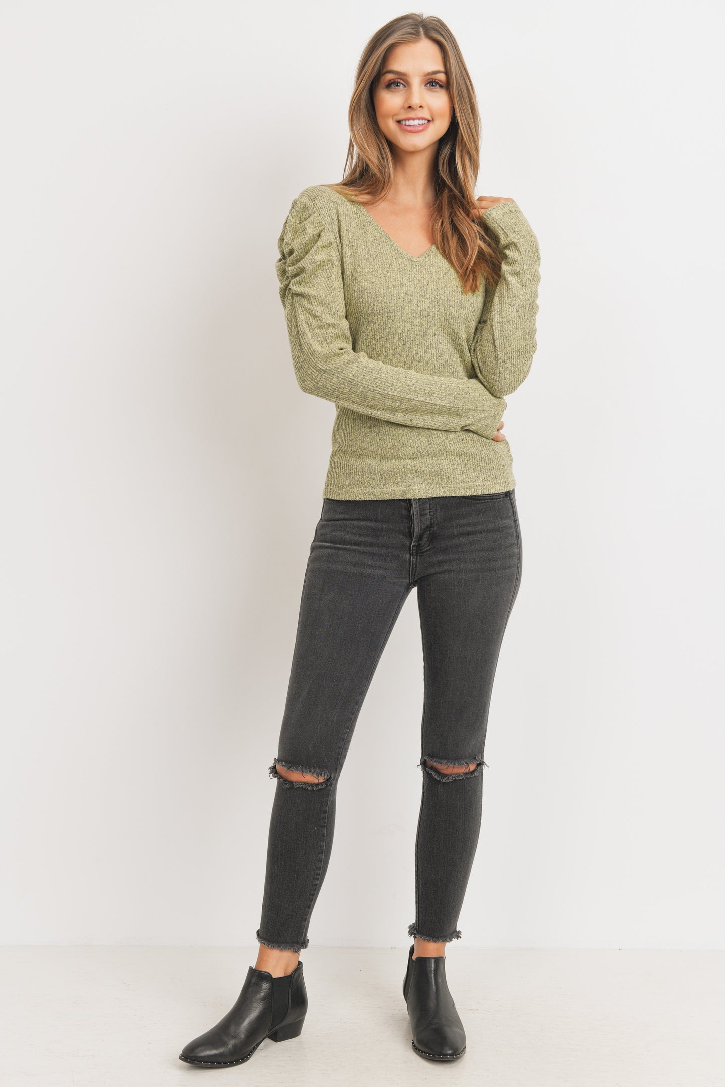 Olive Long Sleeve Ruched Shoulder