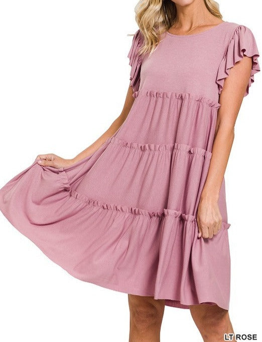 Ruffle Sleeve Tiered Dress Light Rose