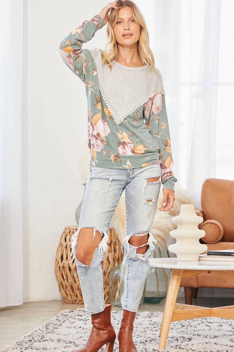 Teal Grey Floral Long Sleeve Top