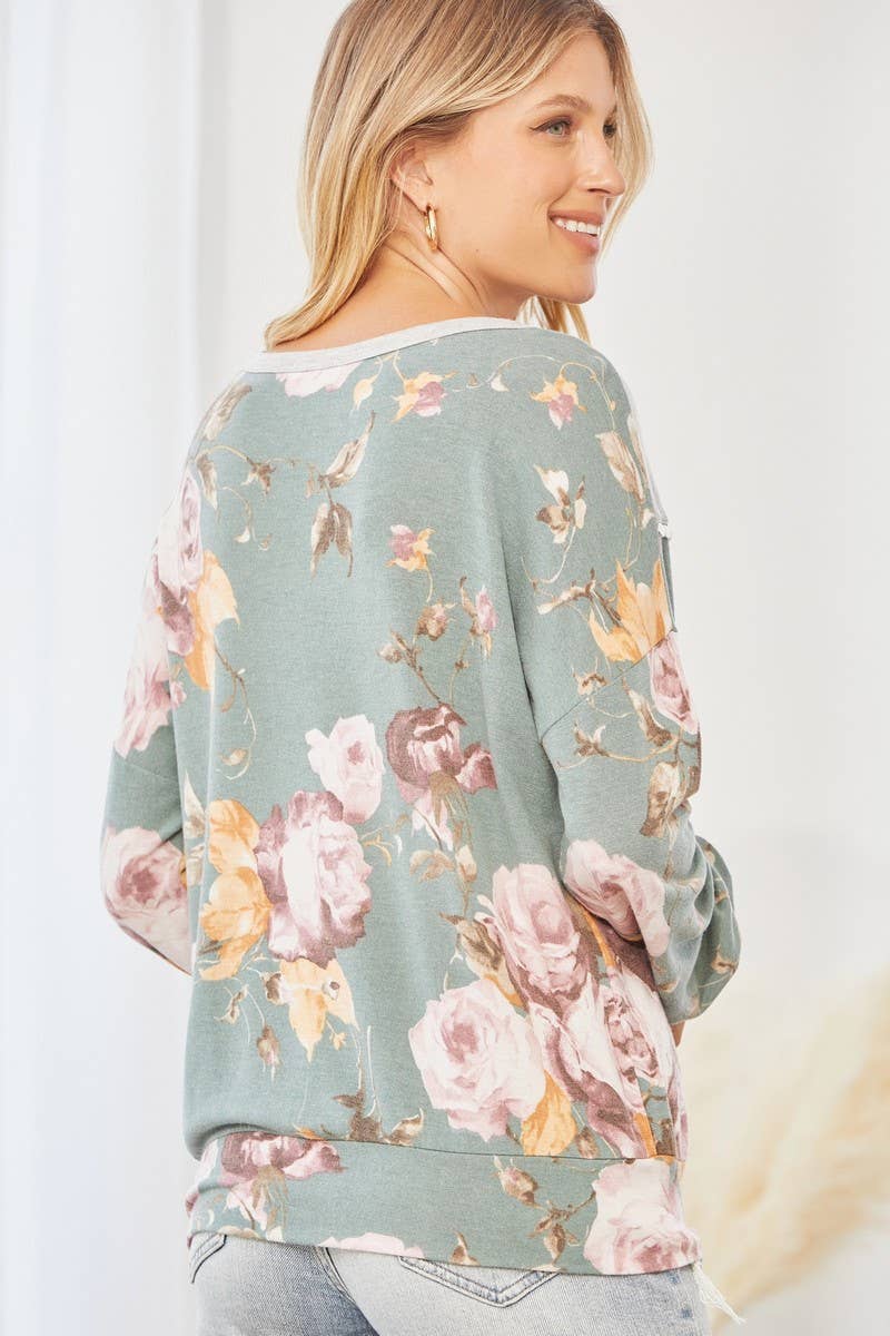 Teal Grey Floral Long Sleeve Top