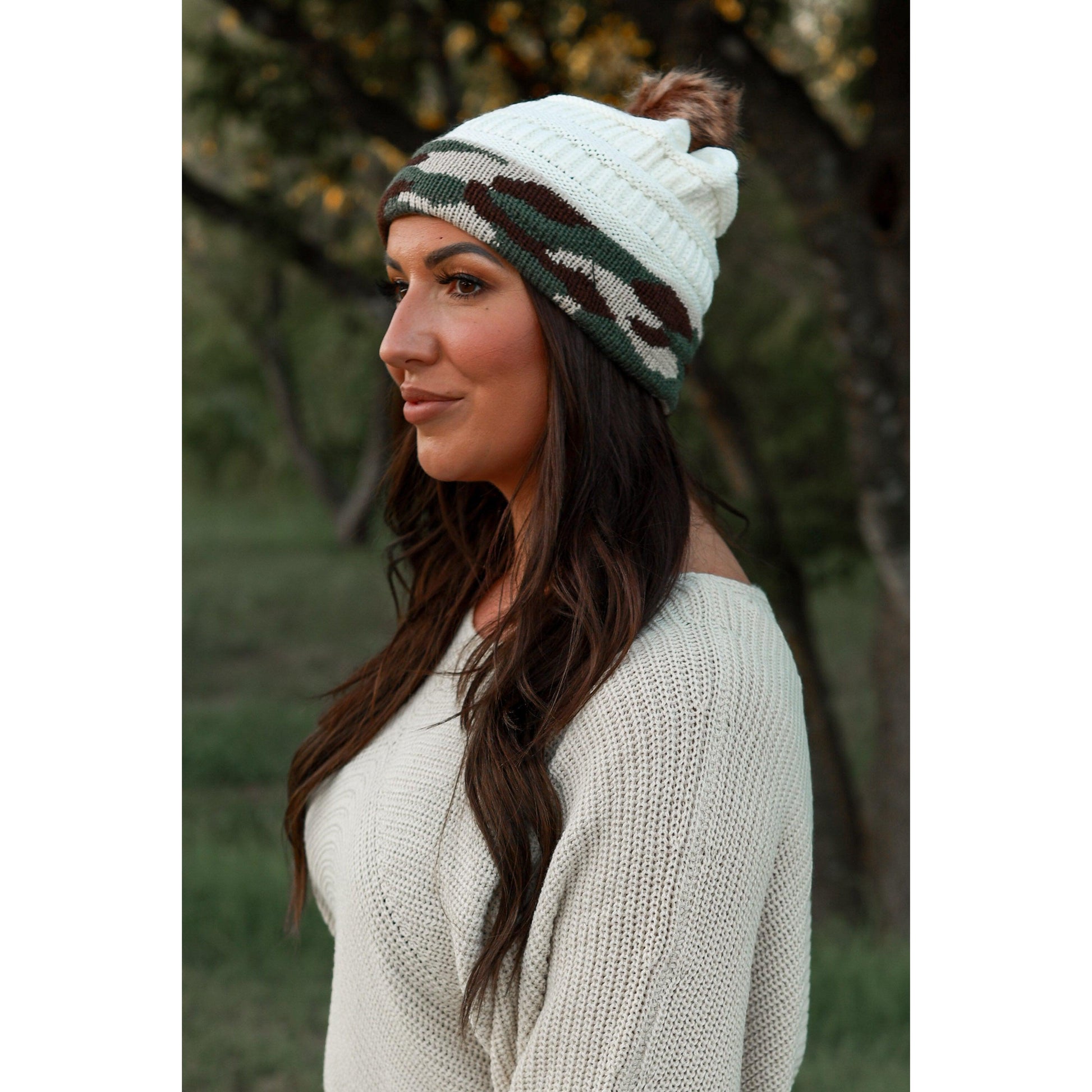 Cozy Pom Beanie White Camo