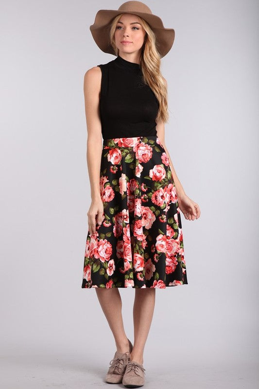 Floral Print A Line Skirt Black/Coral