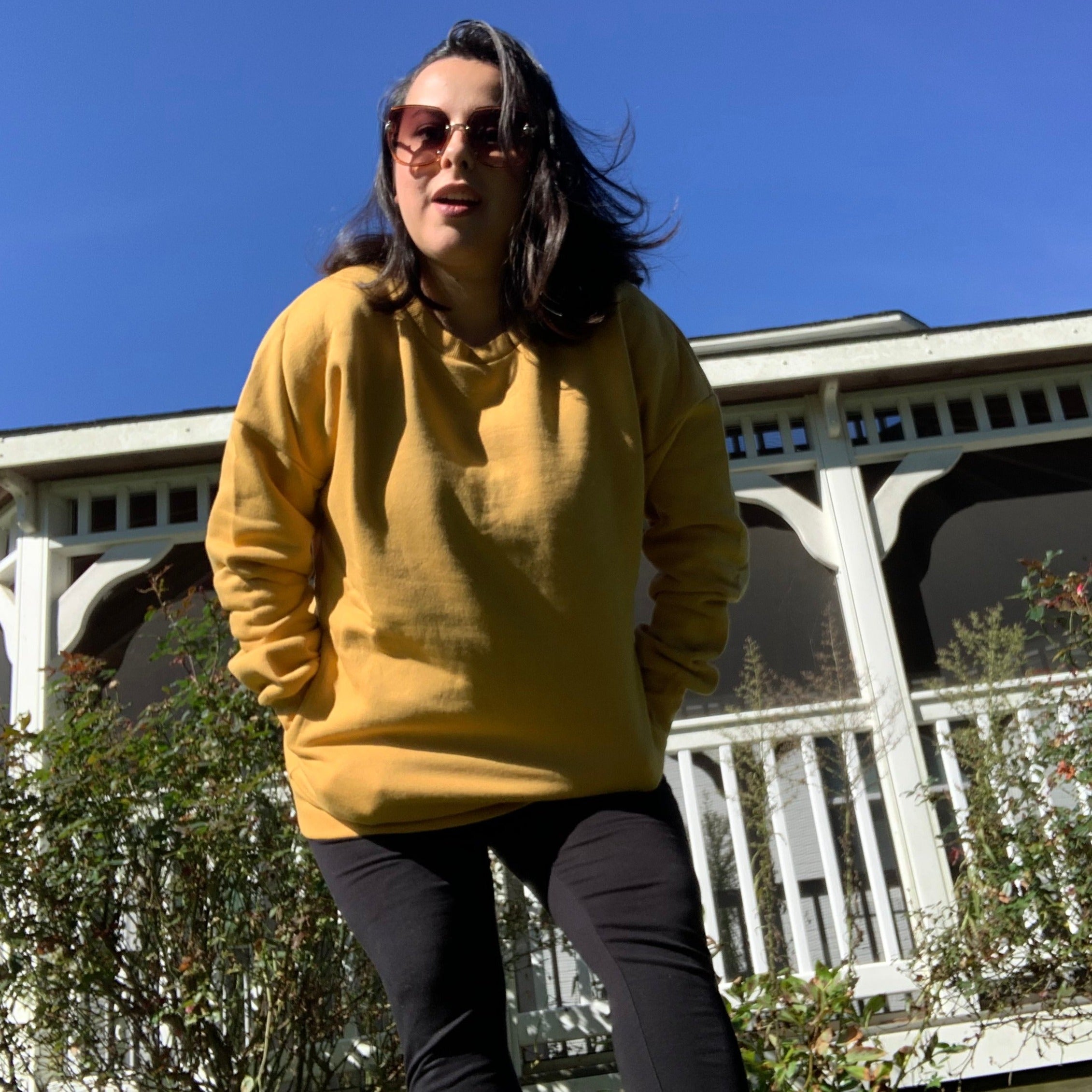 Mustard yellow sweater side pockets