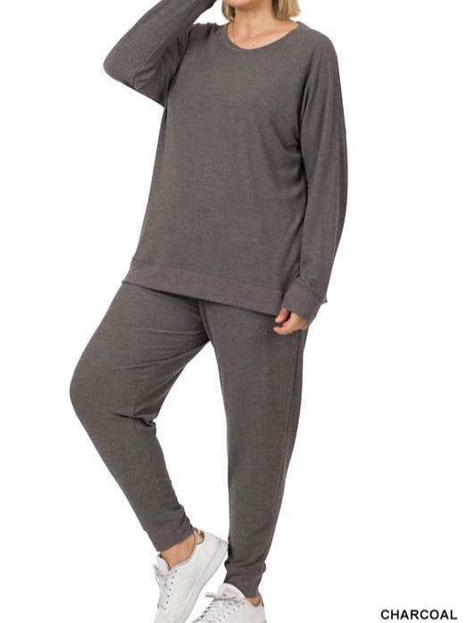 Plus French Terry Top & Jogger Pants Set Charcoal